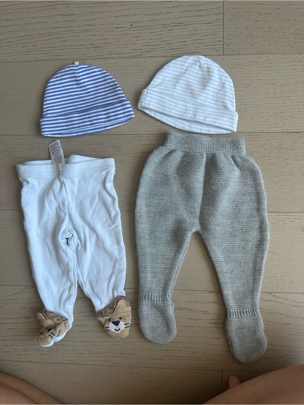 Carter's Neutral Knit Footed Pants & Two Striped Hats - Gray, White, Blue